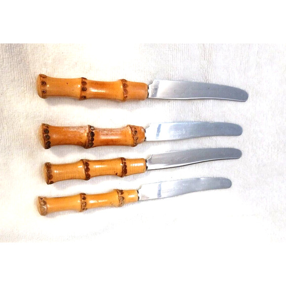 1970's 4 Set Rostfrei Solingen Butter Knives BAMBOO Handle Fruit Rare German VNT - Picture 5 of 9